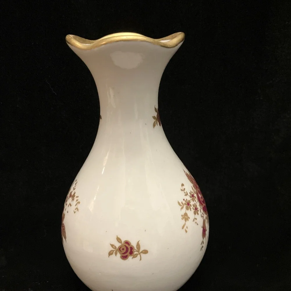 Osborne China 24k Gold Trim Hand Painted Vintage Vase Burgundy Red Yellow Floral